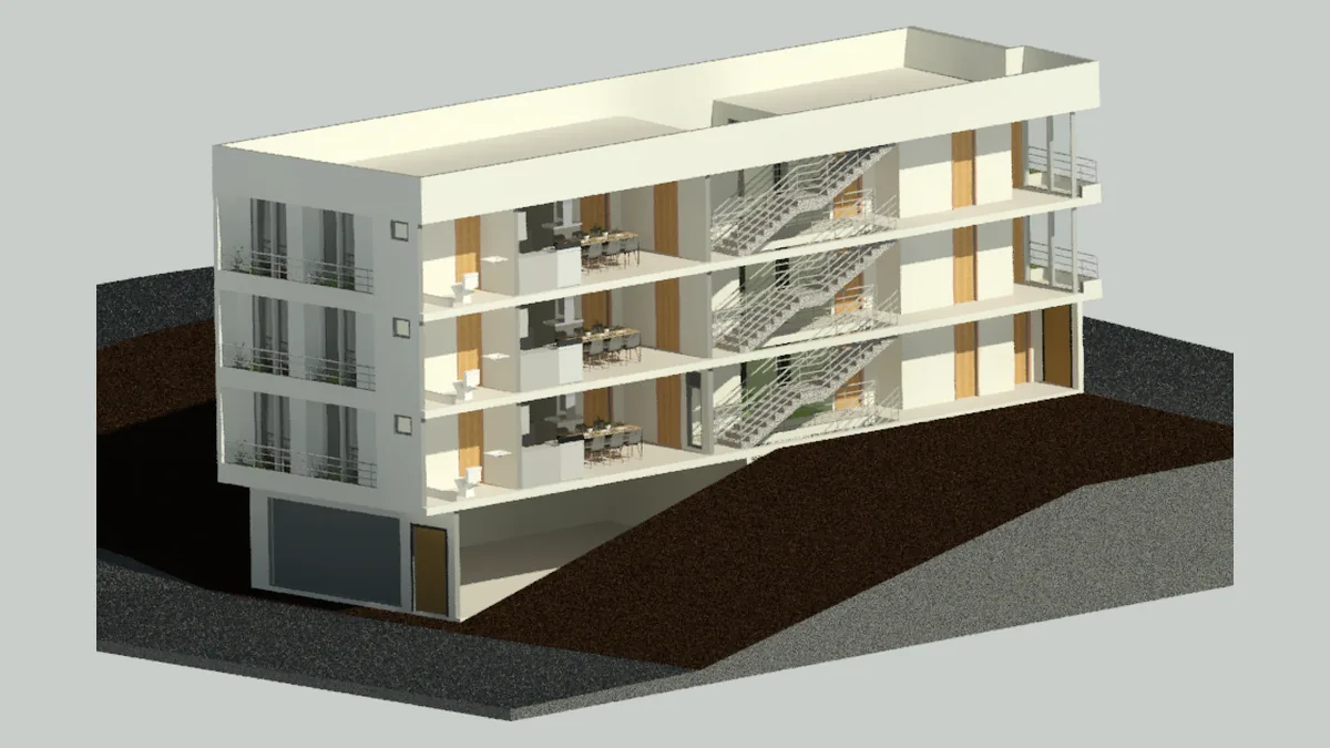 Modelo BIM seccionado del edificio multifamiliar Alfonso Su&aacute;rez